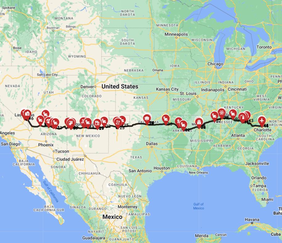 RV trip route from Las Vegas to Charlotte